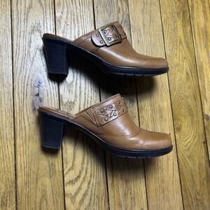 Clarks Bendables Brown Leather Mules Buckle Clog Block Heel Shoes 8M